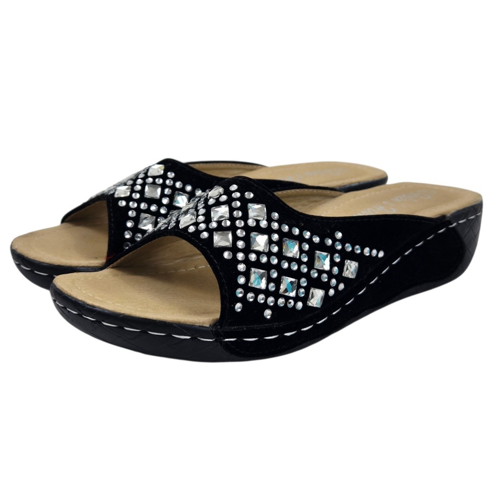 Helen's Heart Crystal Stone Embellished Black Suede Wedge Sz 9 Worn 1X R-CFW-100